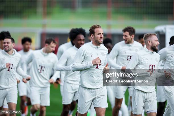 Harry Kane and other players of Bayern Munich during a Training Session ahead of FC Bayern Munich's Champions League second leg match against FC...