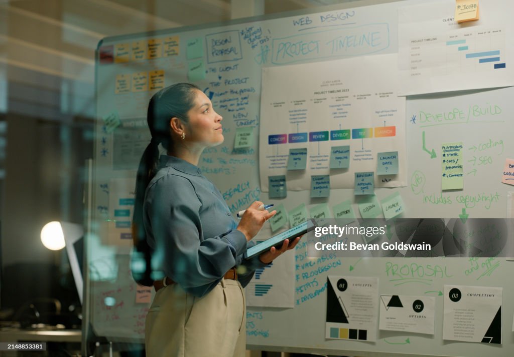 Pensée, tablette et femme d’affaires planifiant une présentation sur tableau blanc au bureau pour le calendrier, l’objectif ou le calendrier. Agenda, idée ou leader avec une recherche créative, visuelle ou numérique pour la carte mentale du storyb