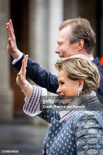 Grand Duke Henri of Luxembourg and Grand Duchess Maria Teresa of Luxembourg visit the Grand Place and City Hall on April 16, 2024 in Brussels,...