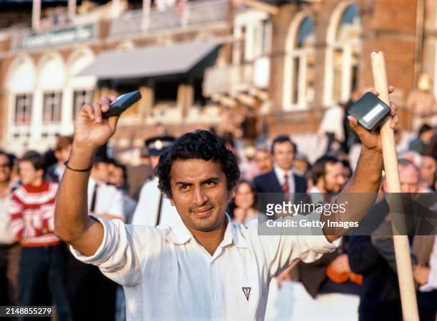 India batsman Sunil Gavasker with his man of the match award after his double century during the drawn 4th test match between England and India at...
