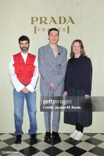 Beatriz Colomina , Andrea Trimarchi and Simone Farresin of Formafantasma attend the photocall at Prada Frames during Milan Design Week at Museo...