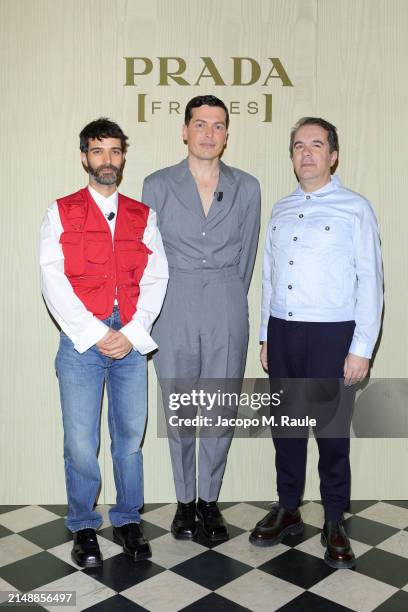 Andrés Jaque , Andrea Trimarchi and Simone Farresin of Formafantasma attend the photocall at Prada Frames during Milan Design Week at Museo Bagatti...