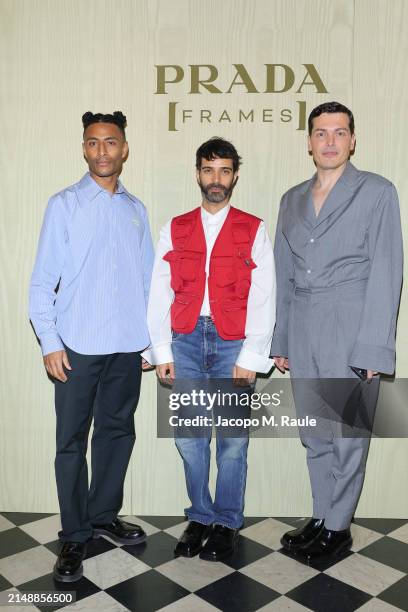 Jayden Ali, Andrea Trimarchi and Simone Farresin of Formafantasma attend the photocall at Prada Frames during Milan Design Week at Museo Bagatti...