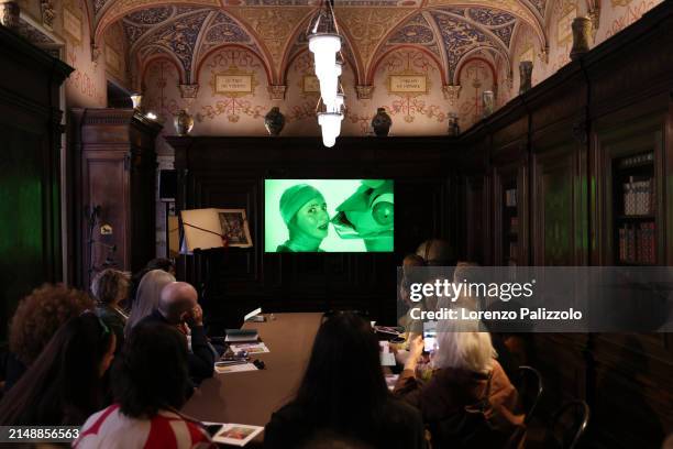 Isabella Rossellini is seen on screen at Prada Frames during Milan Design Week at Museo Bagatti Valsecchi on April 16, 2024 in Milan, Italy.