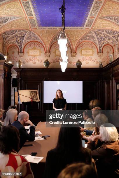 Mary Kuhn talks at Prada Frames during Milan Design Week at Museo Bagatti Valsecchi on April 16, 2024 in Milan, Italy.