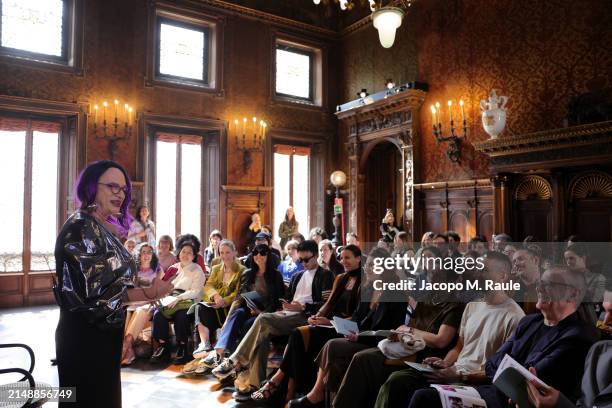 Brigitte LG Baptiste talks at Prada Frames during Milan Design Week at Museo Bagatti Valsecchi on April 16, 2024 in Milan, Italy.