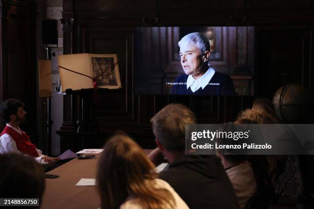 Anna Kauber is seen on screen at Prada Frames during Milan Design Week at Museo Bagatti Valsecchi on April 16, 2024 in Milan, Italy.