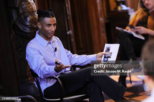 Jayden Ali talks at Prada Frames during Milan Design Week at Museo Bagatti Valsecchi on April 16, 2024 in Milan, Italy.