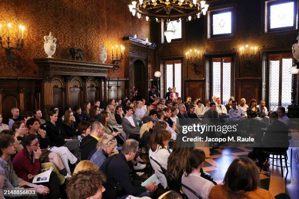 Andrés Jaque and Jack Halberstam talk at Prada Frames during Milan Design Week at Museo Bagatti Valsecchi on April 16, 2024 in Milan, Italy.