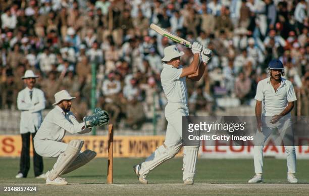England batsman Tim Robinson using his Gunn and Moore Maestro bat cuts for some runs during his innings of 96 during the 5th Test Match between India...