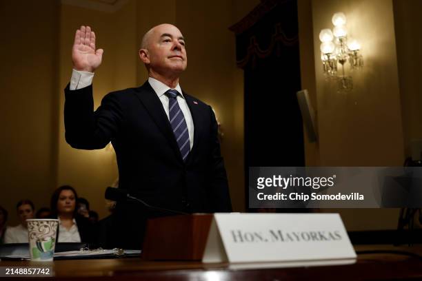 Homeland Security Secretary Alejandro Mayorkas is sworn in before testifying to the House Homeland Security Committee about the Biden...