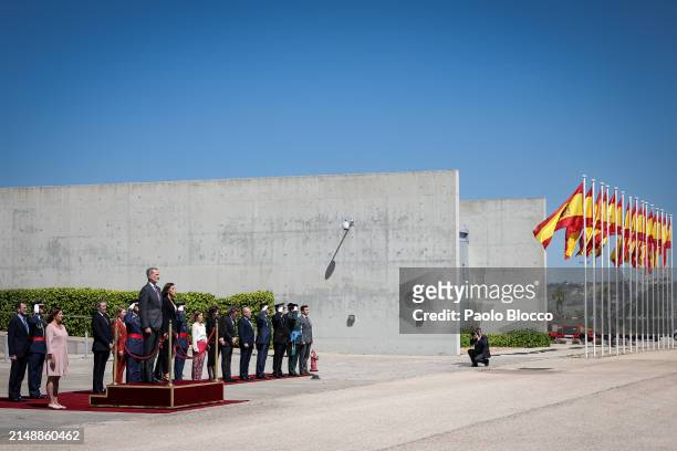 King Felipe VI of Spain and Queen Letizia of Spain depart for an official visit to Netherlands at the Adolfo Suarez Madrid-Barajas airport on April...