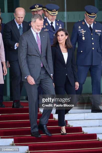 King Felipe VI of Spain and Queen Letizia of Spain depart for an official visit to Netherlands at the Adolfo Suarez Madrid-Barajas airport on April...