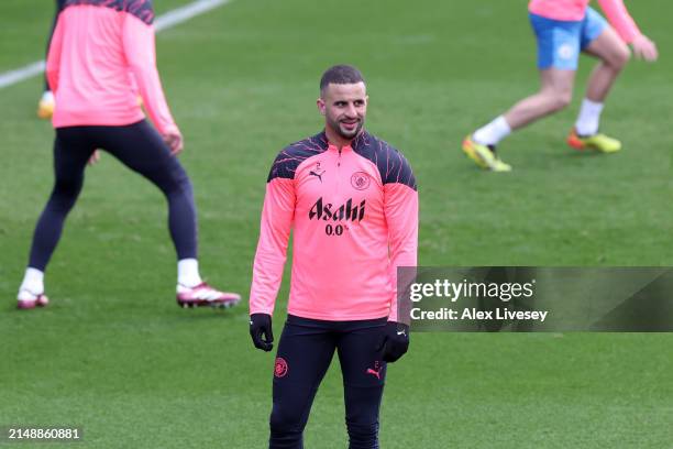 Kyle Walker of Manchester City during a training session at Manchester City Football Academy on April 16, 2024 in Manchester, England.
