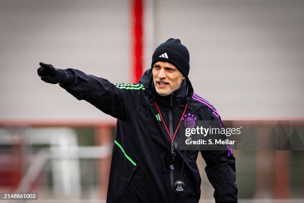 Thomas Tuchel, head coach of FC Bayern Muenchen, shows the direction during a training session at Allianz Arena on April 16, 2024 in Munich, Germany...