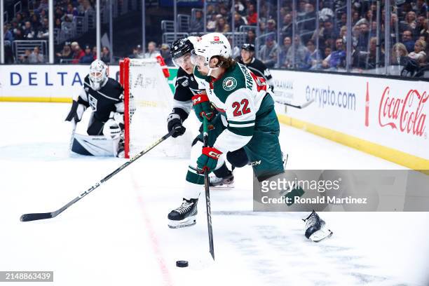 Marat Khusnutdinov of the Minnesota Wild skates the puck against the Los Angeles Kings in the third period at Crypto.com Arena on April 15, 2024 in...