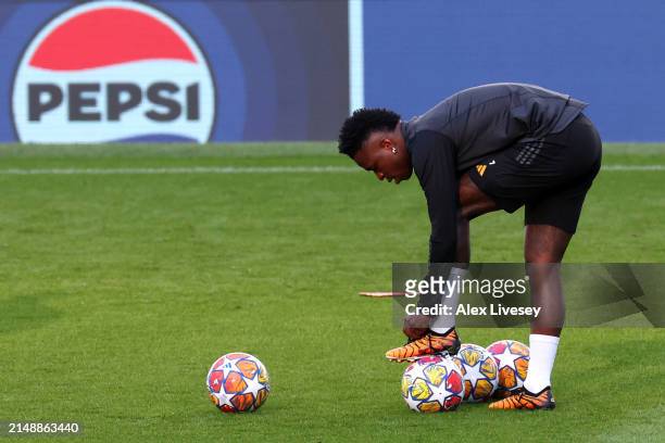 Vinicius Junior of Real Madrid during a training session at Etihad Stadium on April 16, 2024 in Manchester, England.