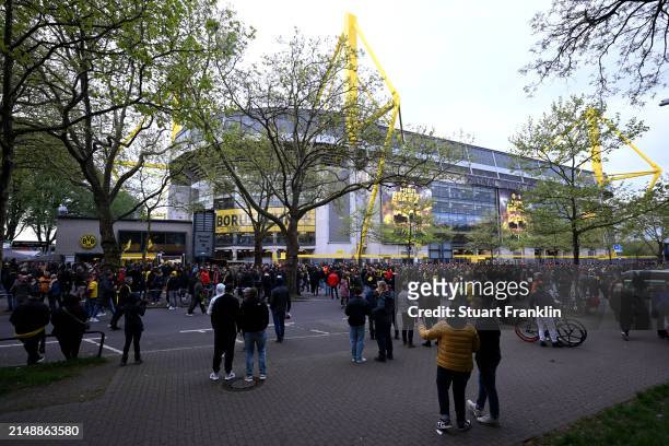 General view outside the stadium as fans arrive prior to the UEFA Champions League quarter-final second leg match between Borussia Dortmund and...