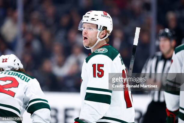 Mason Shaw of the Minnesota Wild in the second period at Crypto.com Arena on April 15, 2024 in Los Angeles, California.