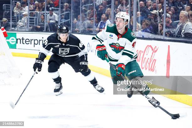 Declan Chisholm of the Minnesota Wild in the second period at Crypto.com Arena on April 15, 2024 in Los Angeles, California.