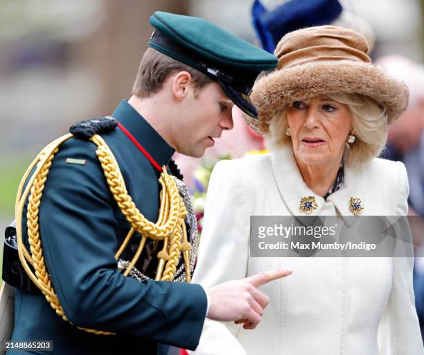 Queen Camilla, accompanied by her equerry Major Ollie Plunket, attends the Royal Maundy Service at Worcester Cathedral on March 28, 2024 in...