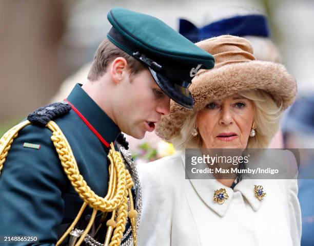 Queen Camilla, accompanied by her equerry Major Ollie Plunket, attends the Royal Maundy Service at Worcester Cathedral on March 28, 2024 in...