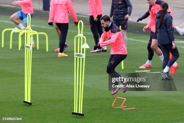 Bernardo Silva of Manchester City during a training session at Manchester City Football Academy on April 16, 2024 in Manchester, England.