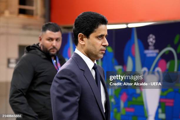 Nasser Al-Khelaifi, President of Paris Saint-Germain, arrives at the stadium prior to the UEFA Champions League quarter-final second leg match...