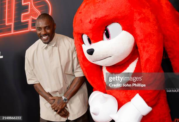 Idris Elba and Knuckles attend the "Knuckles" Global Premiere at the Odeon Luxe West End on April 16, 2024 in London, England.