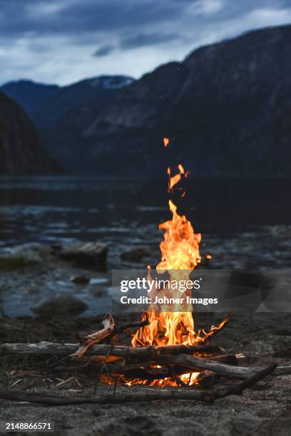 campfire by river under cloudy sky during dusk - offenes feuer stock-fotos und bilder