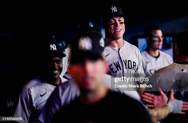 Aaron Judge of the New York Yankees smiles ahead playing against the Toronto Blue Jays in their MLB game at the Rogers Centre on April 15, 2024 in...