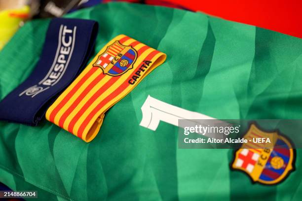 Detailed view of the Captain's Armband is seen with the shorts of Marc-Andre ter Stegen inside the FC Barcelona dressing room prior to the UEFA...