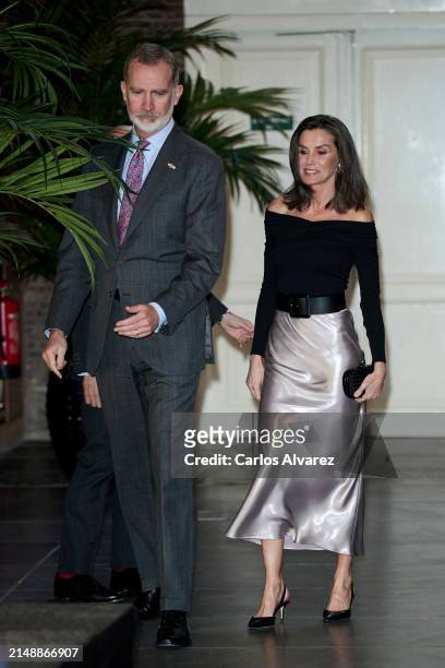 King Felipe VI of Spain and Queen Letizia of Spain attend a reception to Spanish community at the NH Collection Amsterdam Barbizon Palace Hotel on...