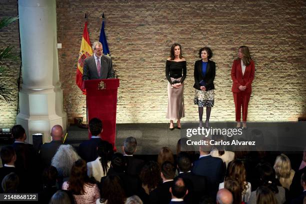 King Felipe VI of Spain, Queen Letizia of Spain, Spanish ambassador Consuelo Femenía Guardiola and Xiana Méndez attend a reception to Spanish...