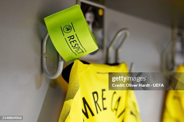 The captain's armband of Emre Can is displayed inside the Borussia Dortmund dressing room prior to the UEFA Champions League quarter-final second leg...
