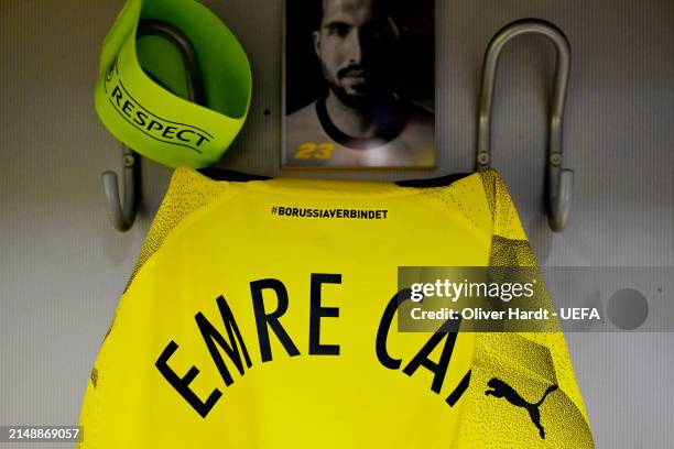The captain's armband and shirt of Emre Can is displayed inside the Borussia Dortmund dressing room prior to the UEFA Champions League quarter-final...