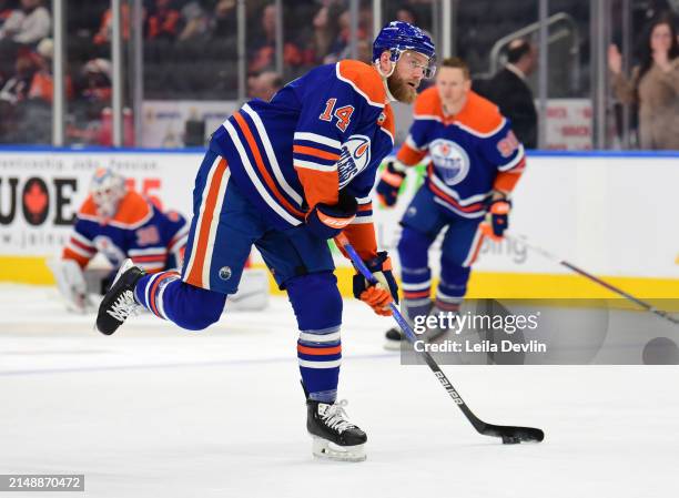 Mattias Ekholm of the Edmonton Oilers warms ups before the game against the San Jose Sharks at Rogers Place on April 15 in Edmonton, Alberta, Canada.