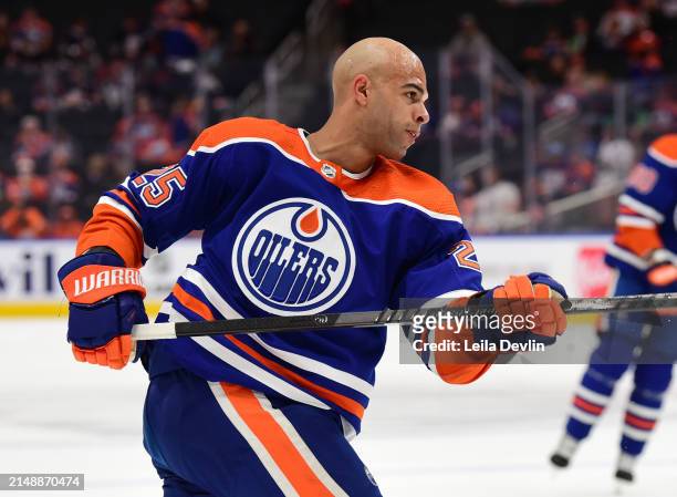 Darnell Nurse of the Edmonton Oilers warms ups before the game against the San Jose Sharks at Rogers Place on April 15 in Edmonton, Alberta, Canada.