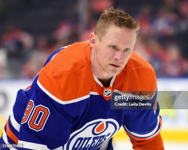 Corey Perry of the Edmonton Oilers warms ups before the game against the San Jose Sharks at Rogers Place on April 15 in Edmonton, Alberta, Canada.