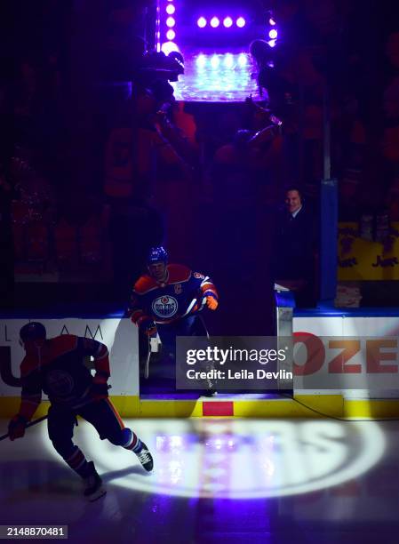 Connor McDavid of the Edmonton Oilers steps on the ice for the game against the San Jose Sharks at Rogers Place on April 15 in Edmonton, Alberta,...