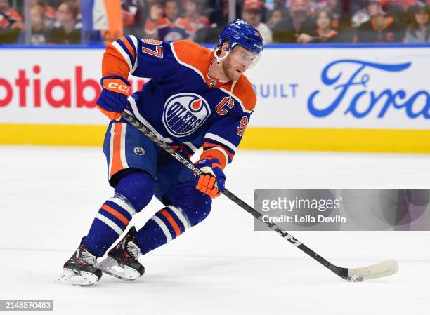 Connor McDavid of the Edmonton Oilers warms ups before the game against the San Jose Sharks at Rogers Place on April 15 in Edmonton, Alberta, Canada.