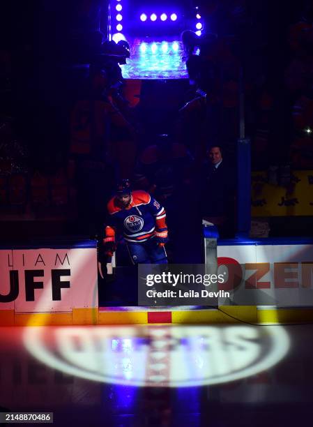 Mattias Janmark of the Edmonton Oilers steps on the ice for the game against the San Jose Sharks at Rogers Place on April 15 in Edmonton, Alberta,...