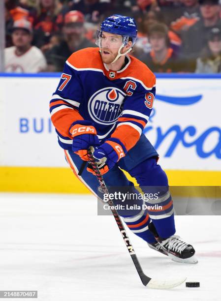 Connor McDavid of the Edmonton Oilers in action during the game against the San Jose Sharks at Rogers Place on April 15 in Edmonton, Alberta, Canada.