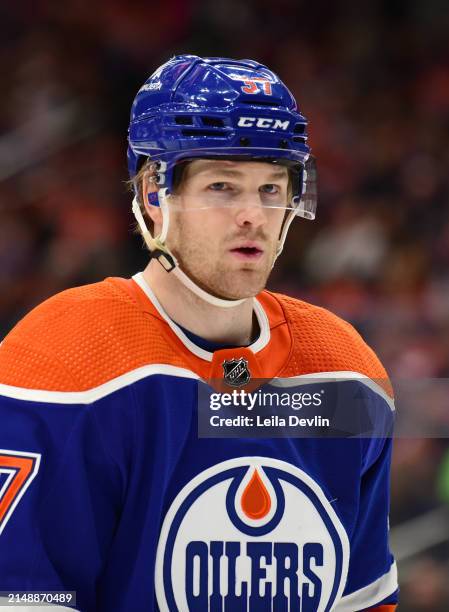 Warren Foegele of the Edmonton Oilers awaits a face-off during the game against the San Jose Sharks at Rogers Place on April 15 in Edmonton, Alberta,...