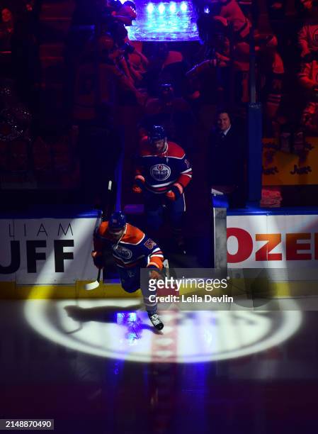 Dylan Holloway of the Edmonton Oilers steps on the ice for the game against the San Jose Sharks at Rogers Place on April 15 in Edmonton, Alberta,...
