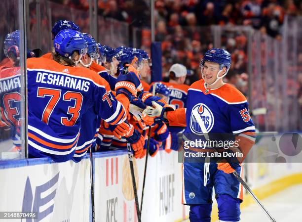 Dylan Holloway of the Edmonton Oilers celebrates a third-period goal during the game against the San Jose Sharks at Rogers Place on April 15 in...