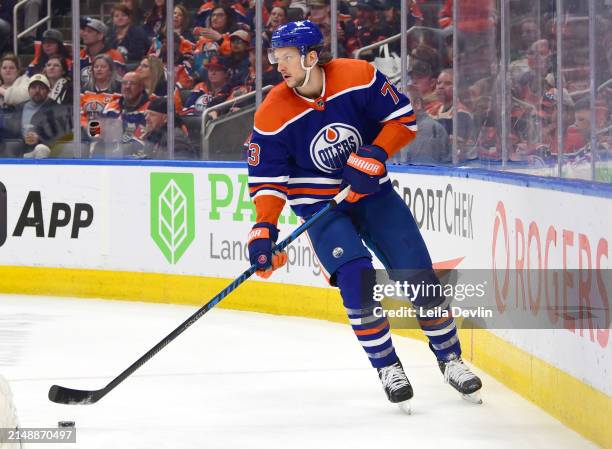 Vincent Desharnais of the Edmonton Oilers in action during the game against the San Jose Sharks at Rogers Place on April 15 in Edmonton, Alberta,...