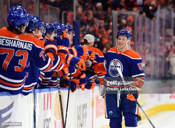 Dylan Holloway of the Edmonton Oilers celebrates a third-period goal during the game against the San Jose Sharks at Rogers Place on April 15 in...