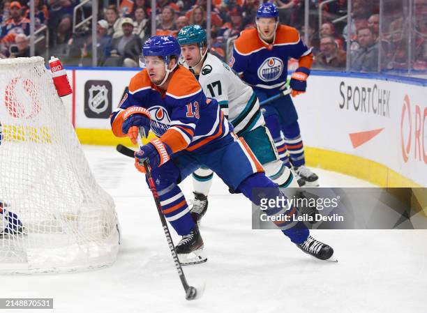 Mattias Janmark of the Edmonton Oilers in action during the game against the San Jose Sharks at Rogers Place on April 15 in Edmonton, Alberta, Canada.