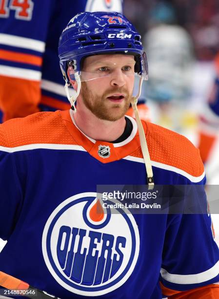 Brett Kulak of the Edmonton Oilers warms ups before the game against the San Jose Sharks at Rogers Place on April 15 in Edmonton, Alberta, Canada.